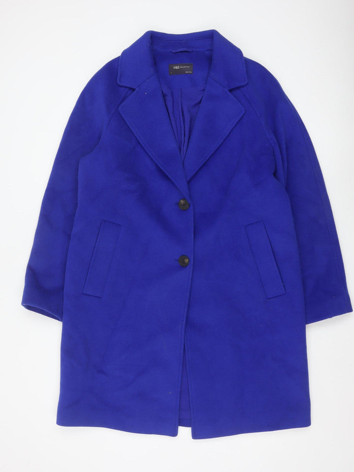 Marks and Spencer Women Blue Size 14 Overcoat Mid-Length Wool Blend Classic Style