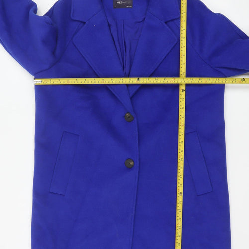 Marks and Spencer Women Blue Size 14 Overcoat Mid-Length Wool Blend Classic Style