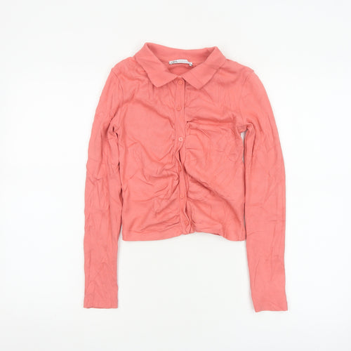 Zara Women Pink Cropped Button-Up Collared Top Long Sleeve S