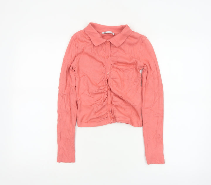 Zara Women Pink Cropped Button-Up Collared Top Long Sleeve S