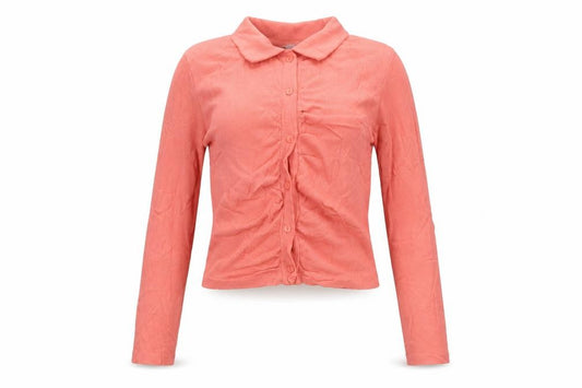 Front view of Zara Women Pink Cropped Button-Up Collared Top Long Sleeve S