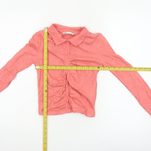 Zara Women Pink Cropped Button-Up Collared Top Long Sleeve S