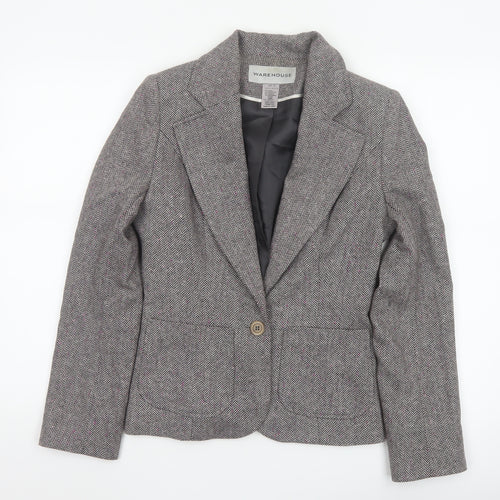 Warehouse Women’s Grey Herringbone Wool Blend Tailored Blazer UK 10