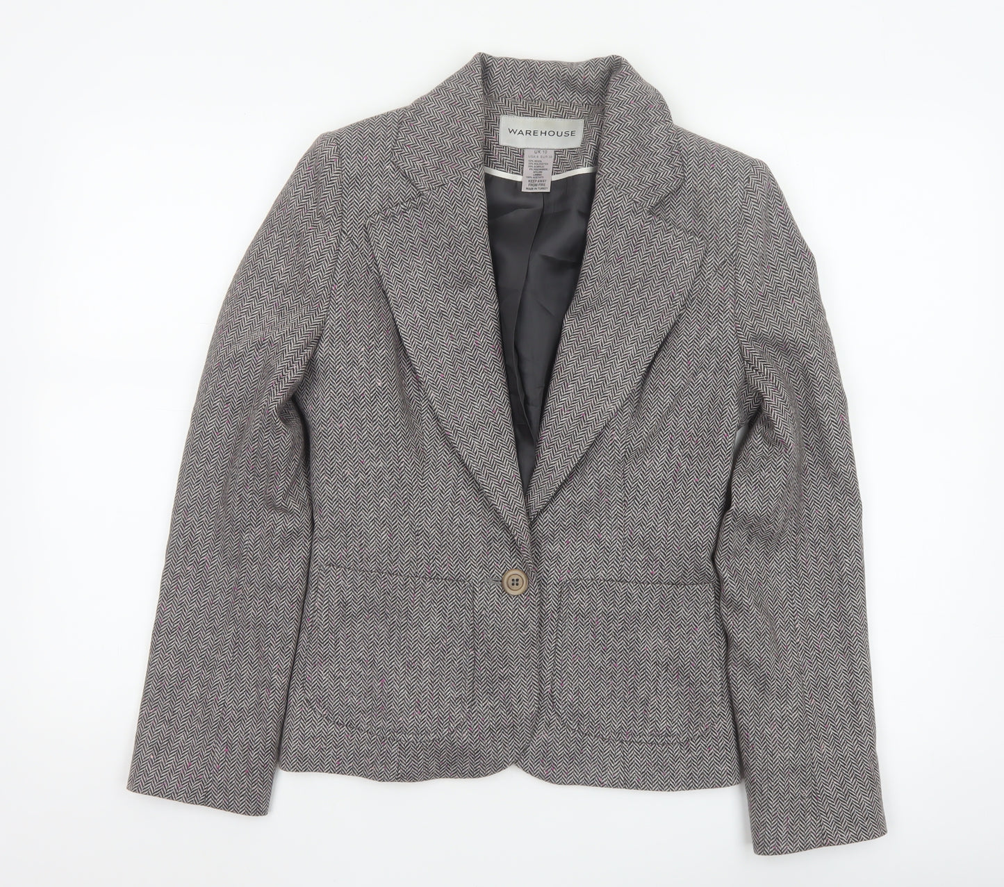 Warehouse Women’s Grey Herringbone Wool Blend Tailored Blazer UK 10