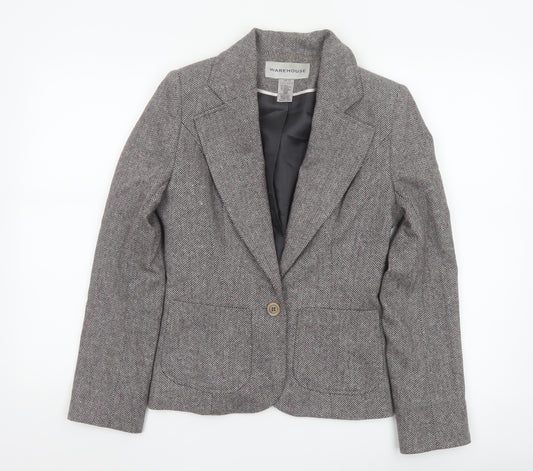 Warehouse Women’s Grey Herringbone Wool Blend Tailored Blazer UK 10