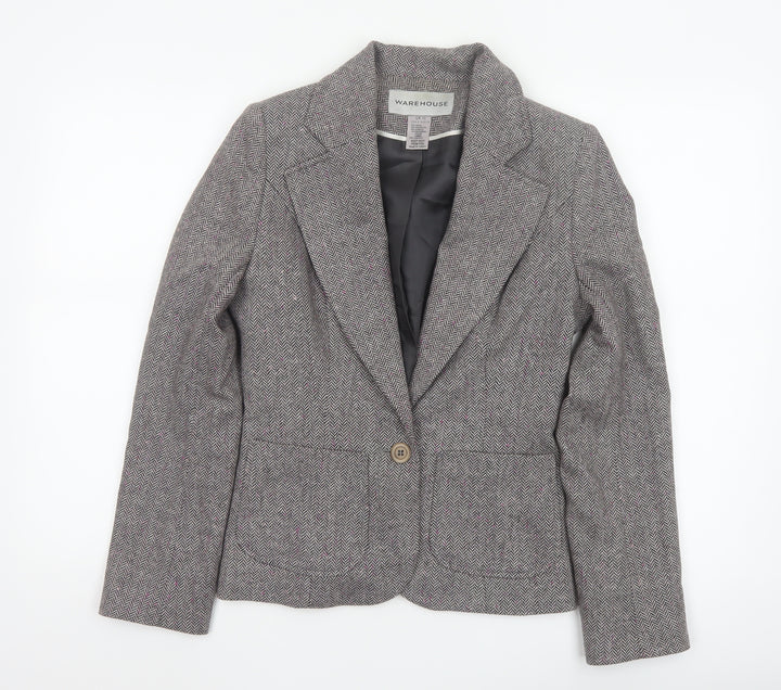 Warehouse Women’s Grey Herringbone Wool Blend Tailored Blazer UK 10