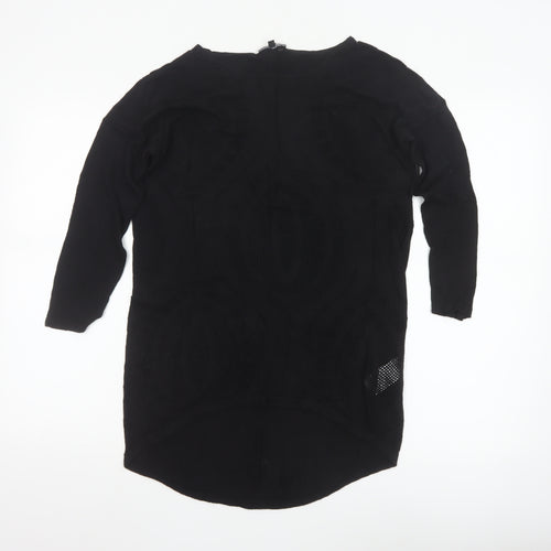 Warehouse Women’s Black Tunic Blouse Size 8 Viscose Crochet 3/4 Sleeve