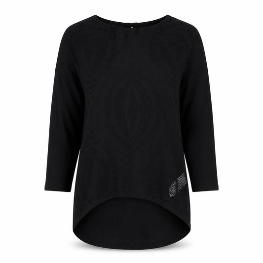 Front view of Warehouse Women’s Black Tunic Blouse, size UK 8, Viscose Crochet 3/4 Sleeve