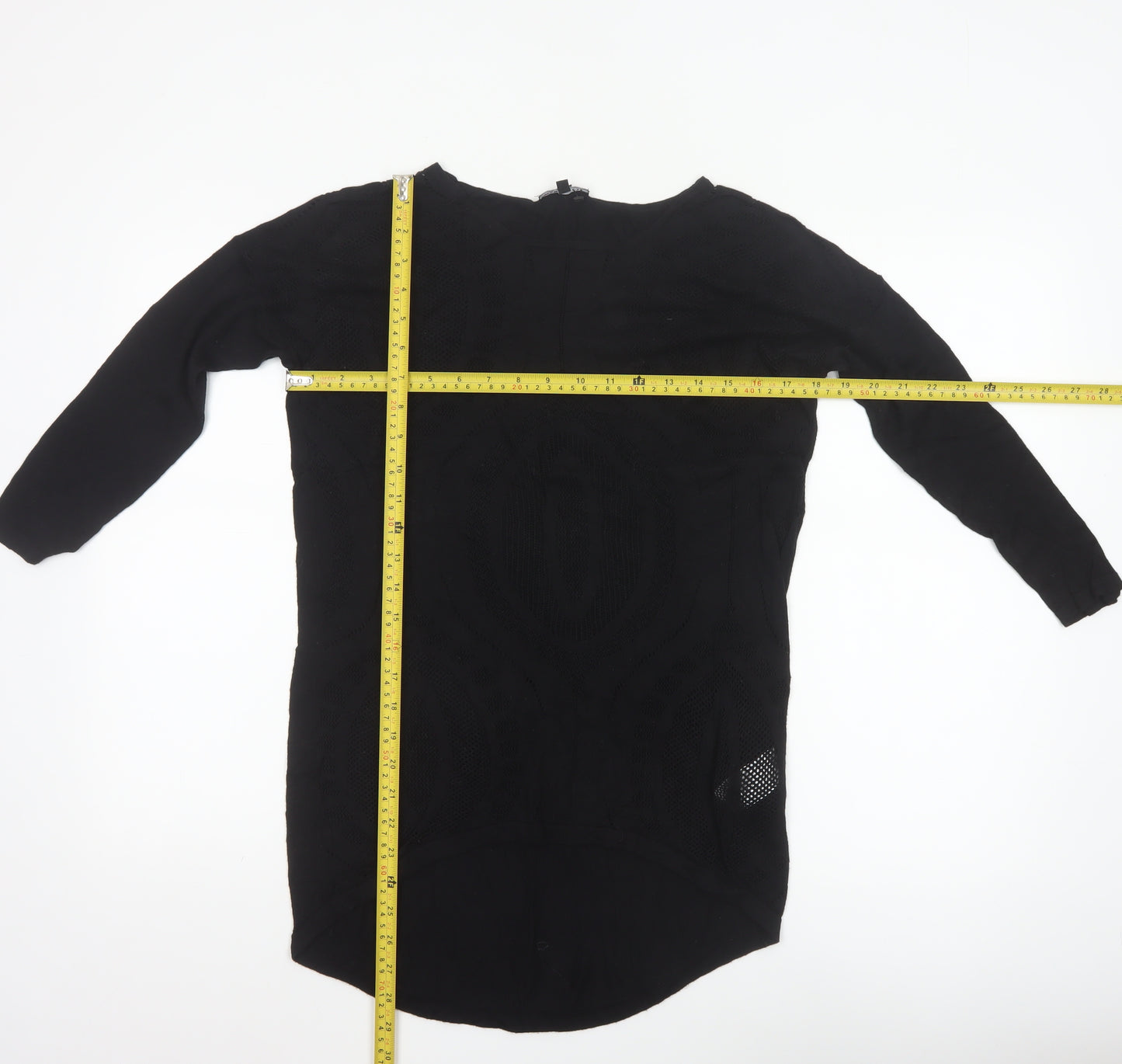 Warehouse Women’s Black Tunic Blouse Size 8 Viscose Crochet 3/4 Sleeve