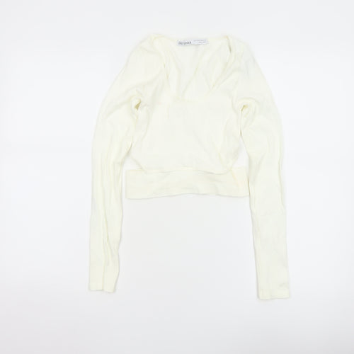 Bershka Women’s Ivory Cropped Long Sleeve Stretch Top Size 6