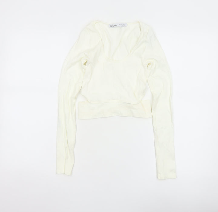 Bershka Women’s Ivory Cropped Long Sleeve Stretch Top Size 6