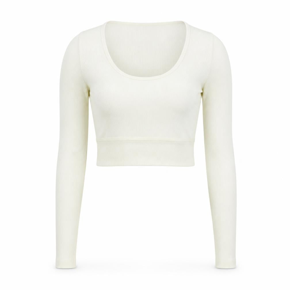 Bershka Women’s Ivory Cropped Long Sleeve Stretch Top Size 6