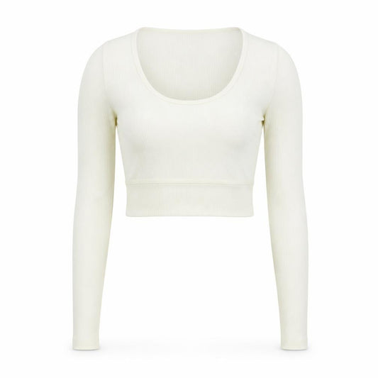 Front view of Bershka Women’s Ivory Cropped Long Sleeve Stretch Top, size UK 6