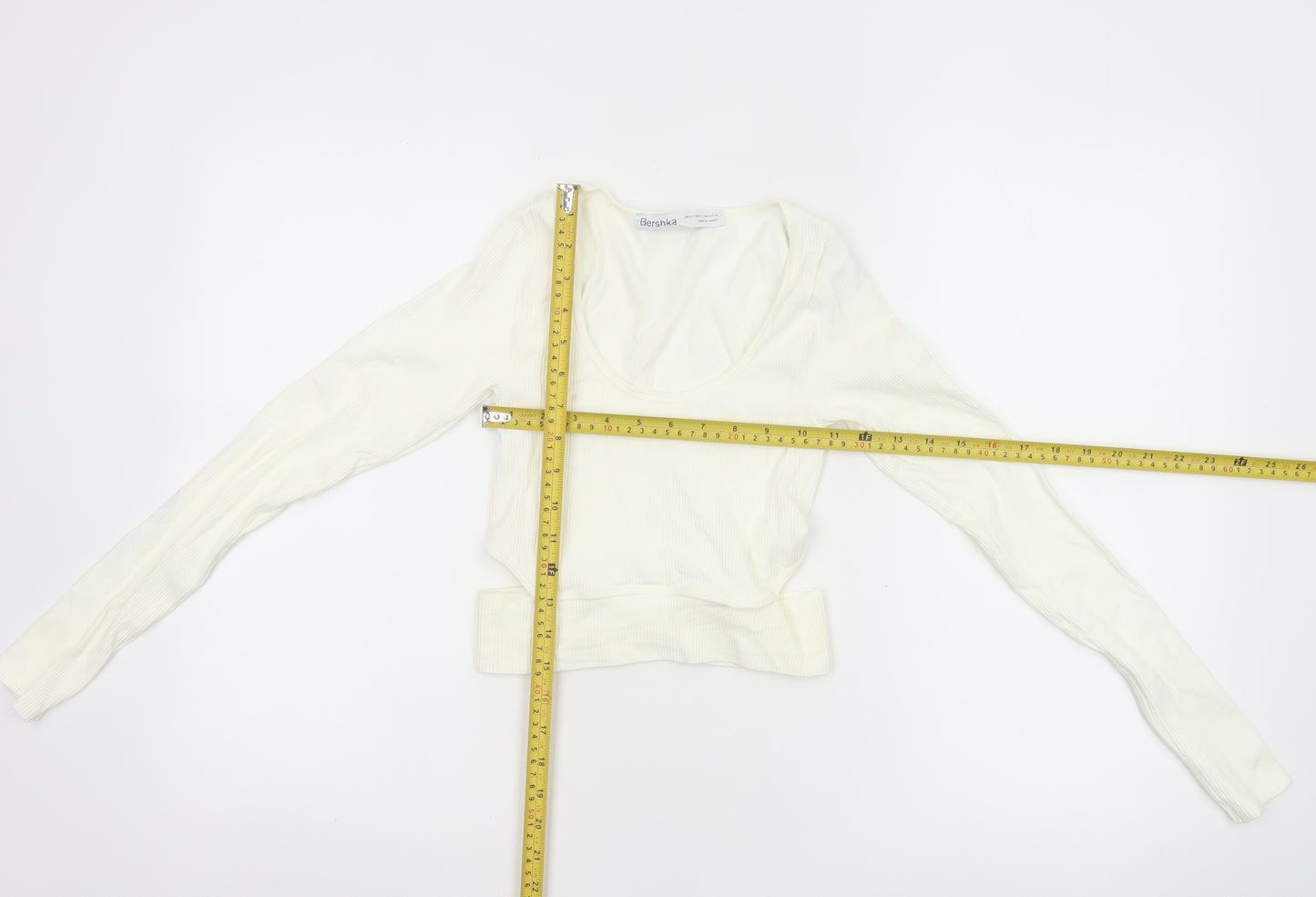 Bershka Women’s Ivory Cropped Long Sleeve Stretch Top Size 6