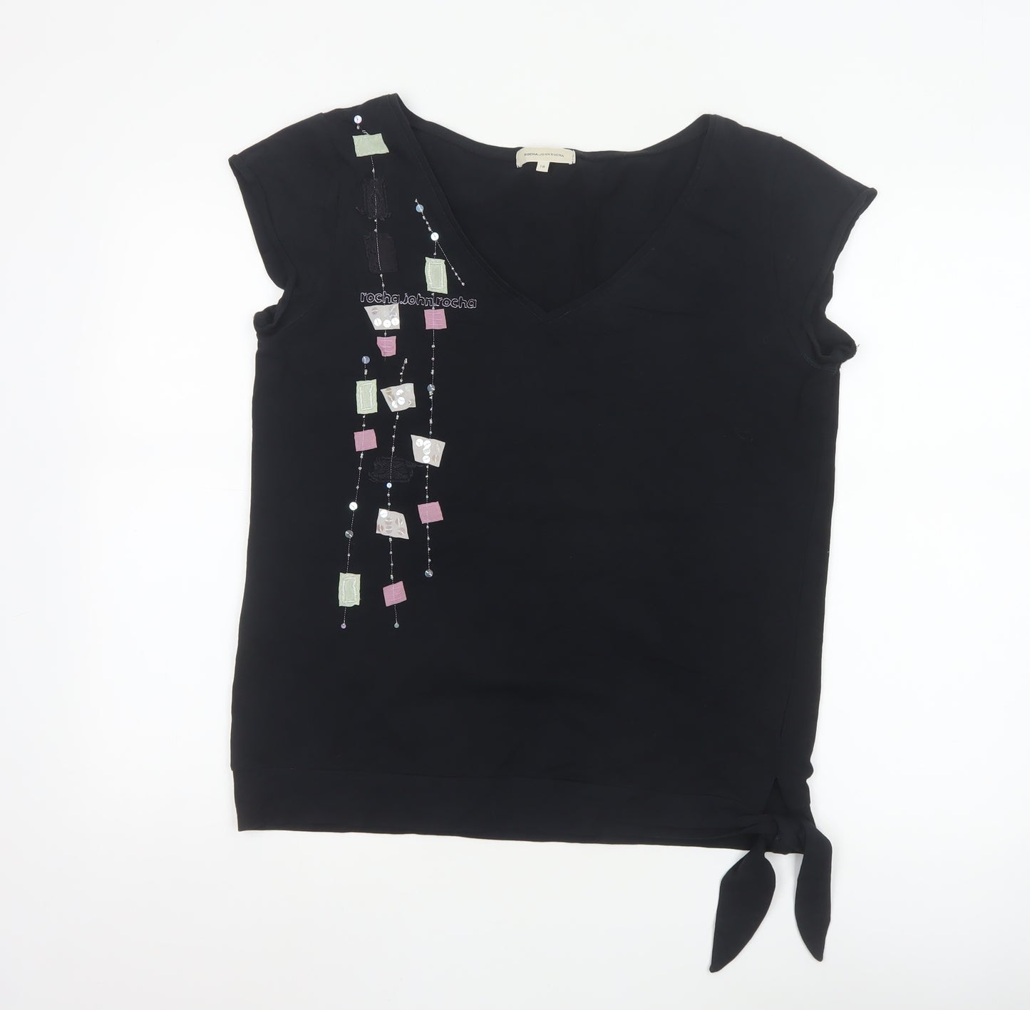 Rocha.John Rocha Women Black Beaded V-Neck Wrap Blouse Size 18