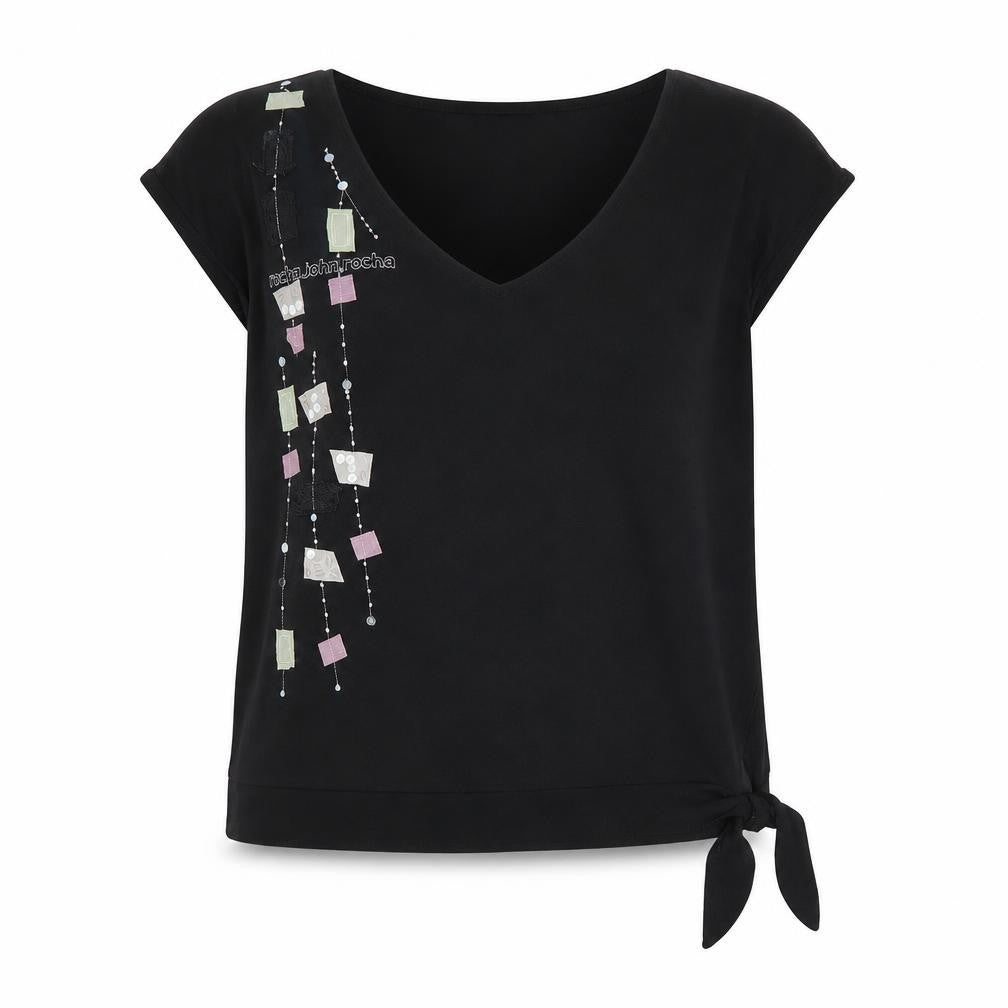 Front view of RJR.John Rocha Women Black Beaded V-Neck Wrap Blouse, size 18
