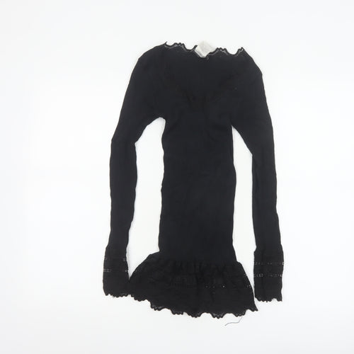 Rosemunde Women Black Silk Blend Lace Trim Long Sleeve Blouse Size S