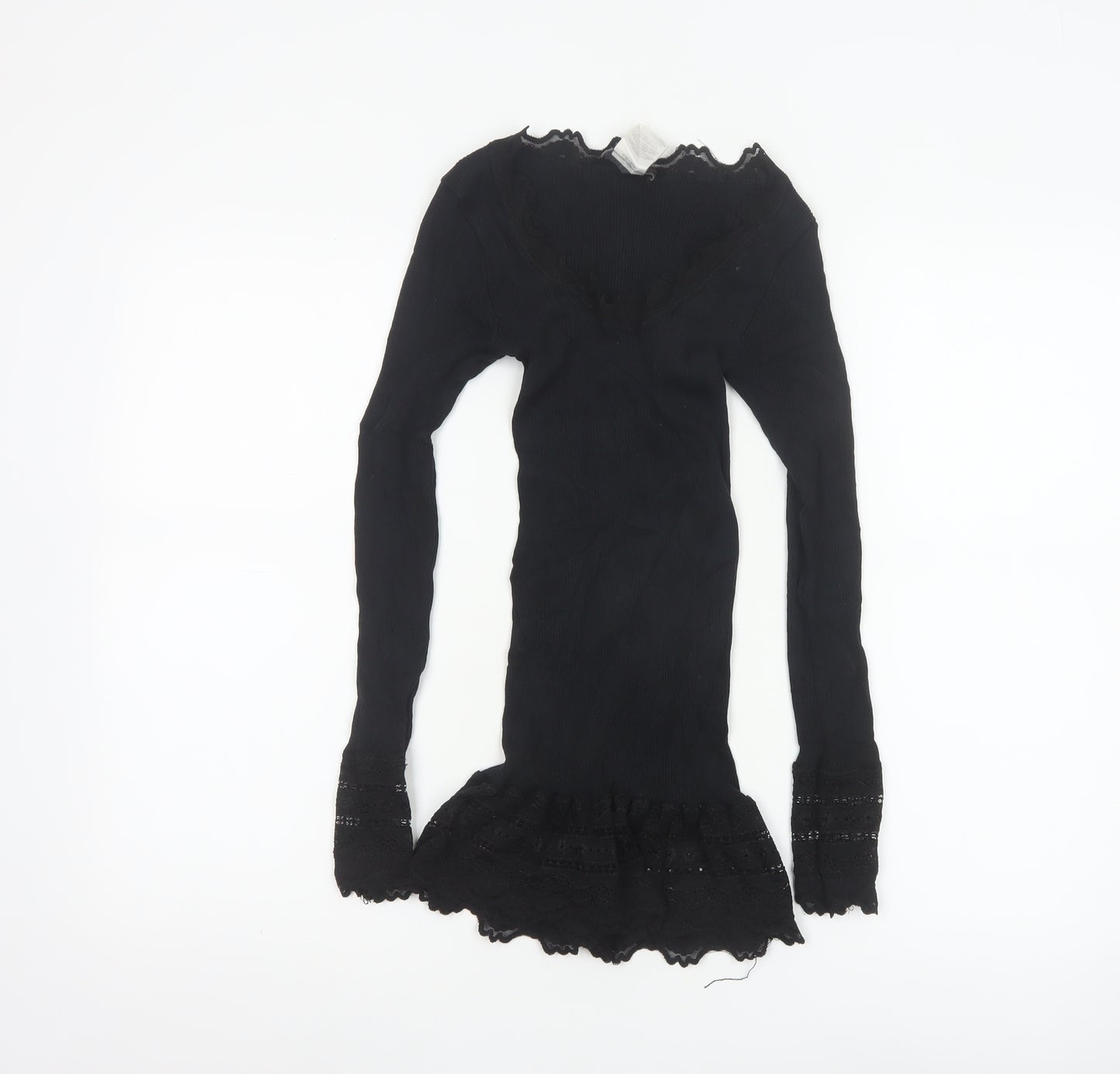 Rosemunde Women Black Silk Blend Lace Trim Long Sleeve Blouse Size S