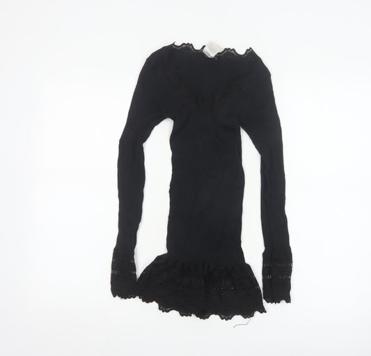 Rosemunde Women Black Silk Blend Lace Trim Long Sleeve Blouse Size S