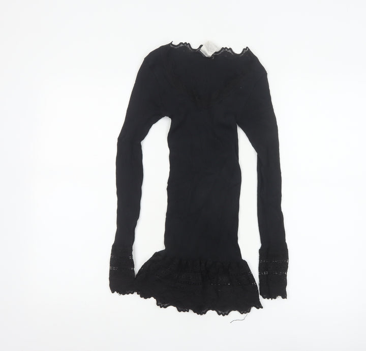 Rosemunde Women Black Silk Blend Lace Trim Long Sleeve Blouse Size S