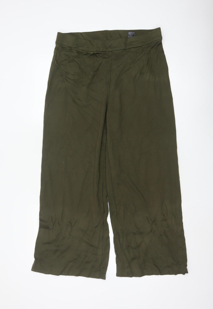 Marks and Spencer Women Olive Green Wide-Leg Viscose Trousers Size 16 Short