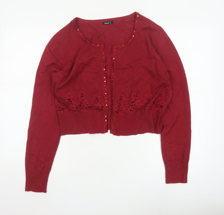 Roman Women Red Beaded Lace Cardigan Size 14