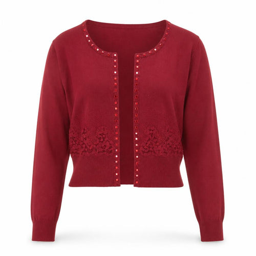 Roman Women Red Beaded Lace Cardigan Size 14
