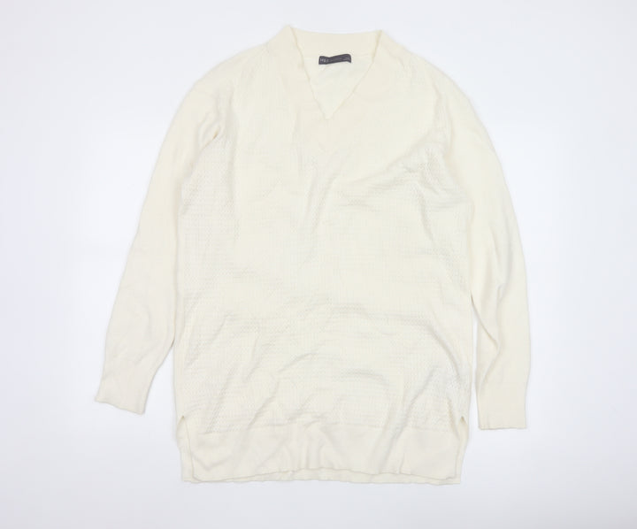 Marks and Spencer Women's Ivory V-Neck Knit Jumper Size L