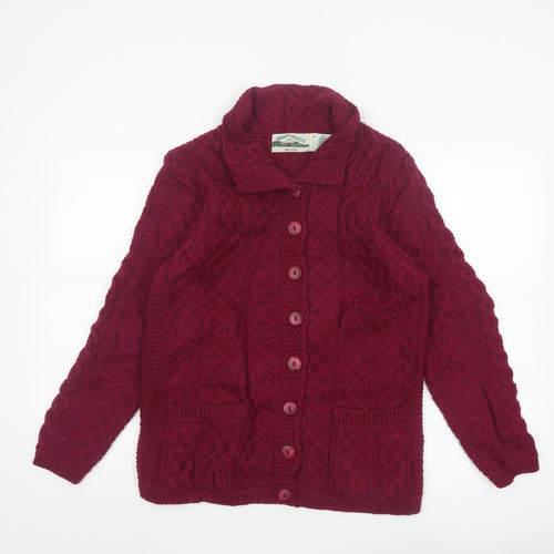 Aran Crafts Women Red Merino Wool Cable Knit Button Cardigan S