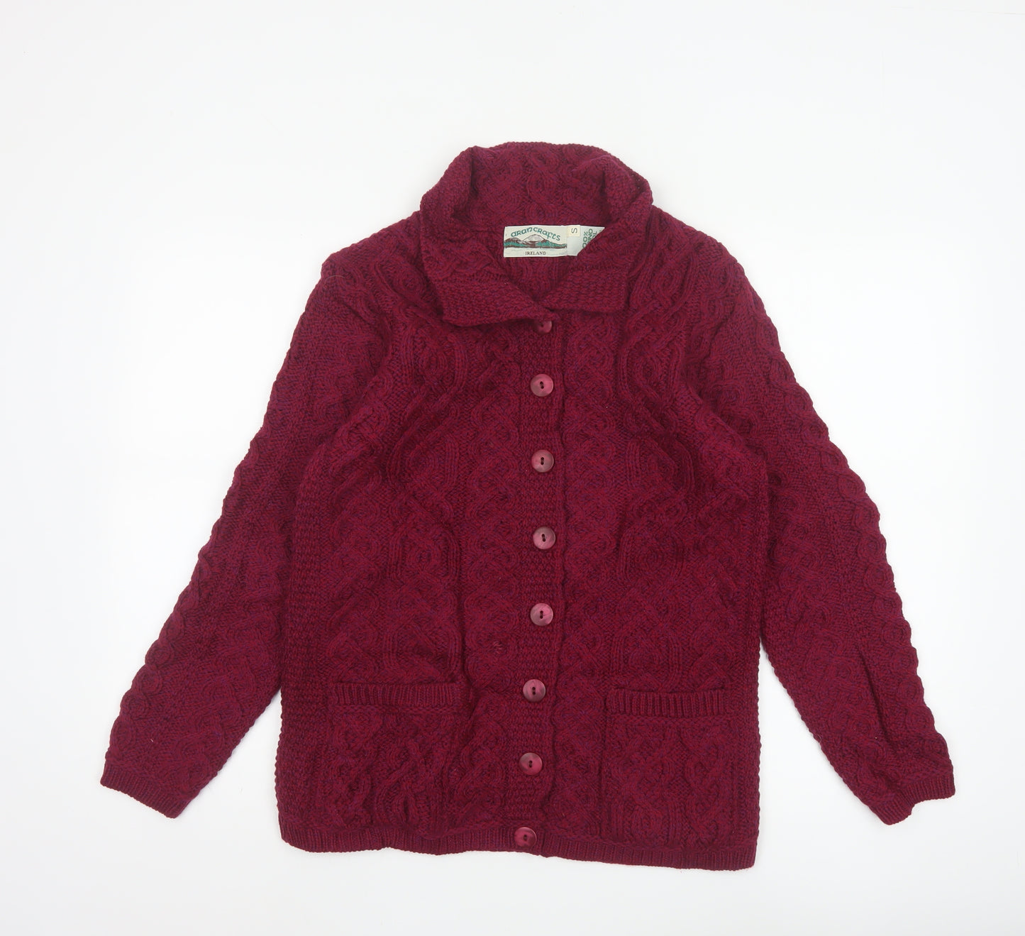 Aran Crafts Women Red Merino Wool Cable Knit Button Cardigan S