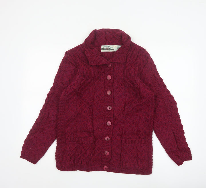 Aran Crafts Women Red Merino Wool Cable Knit Button Cardigan S
