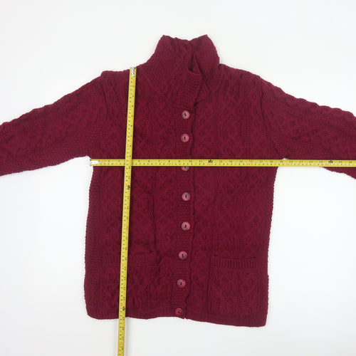 Aran Crafts Women Red Merino Wool Cable Knit Button Cardigan S