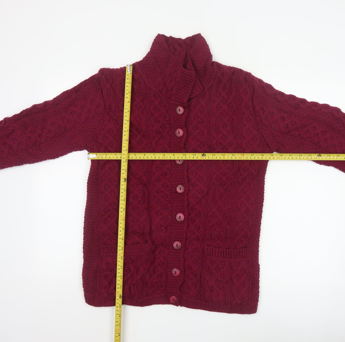 Aran Crafts Women Red Merino Wool Cable Knit Button Cardigan S