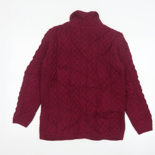 Aran Crafts Women Red Merino Wool Cable Knit Button Cardigan S