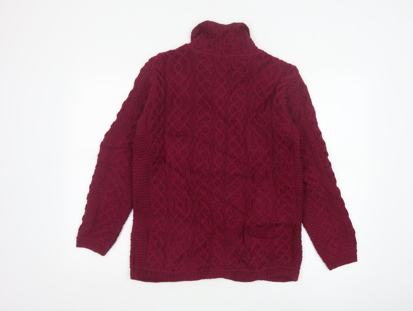 Aran Crafts Women Red Merino Wool Cable Knit Button Cardigan S