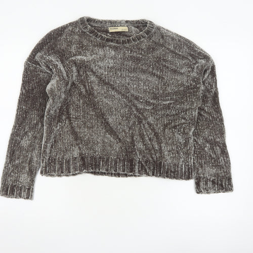 Pull & Bear Womens Grey Chunky Knit Velvet Jumper Size 8