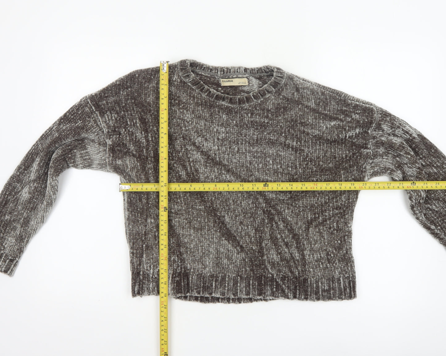 Pull & Bear Womens Grey Chunky Knit Velvet Jumper Size 8