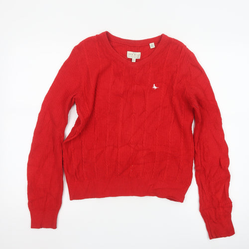 Jack Wills Women Red Cable-Knit Wool Cotton V-Neck Jumper Size 12