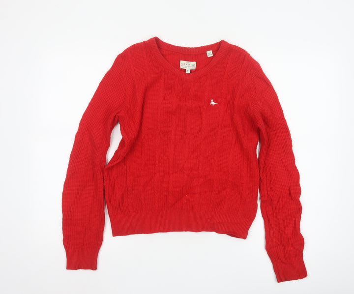 Jack Wills Women Red Cable-Knit Wool Cotton V-Neck Jumper Size 12