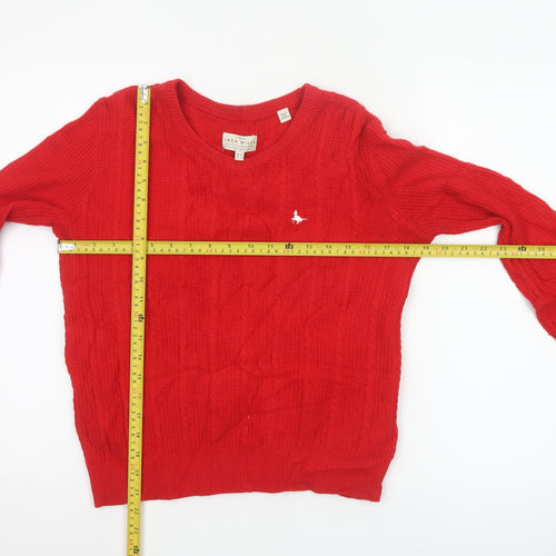 Jack Wills Women Red Cable-Knit Wool Cotton V-Neck Jumper Size 12