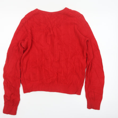 Jack Wills Women Red Cable-Knit Wool Cotton V-Neck Jumper Size 12