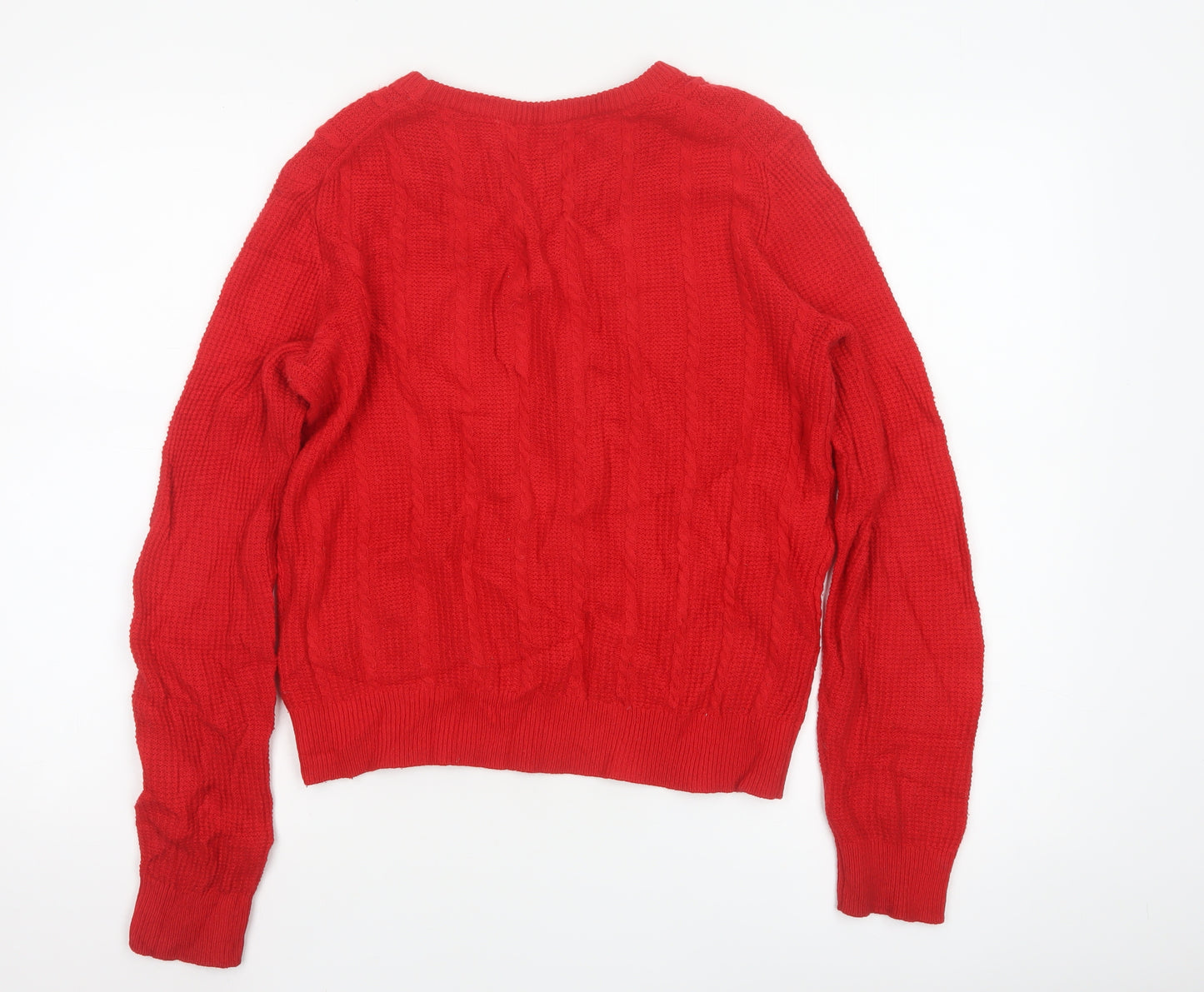Jack Wills Women Red Cable-Knit Wool Cotton V-Neck Jumper Size 12