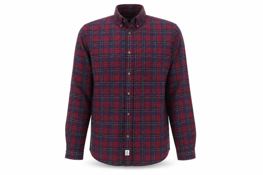 Front view of Shore Leave Men's Red Plaid Button-Up Cotton Flannel Shirt M
