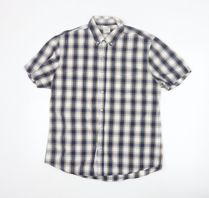 ACW85 Men's Blue Check Short Sleeve Button-Up Cotton Shirt L