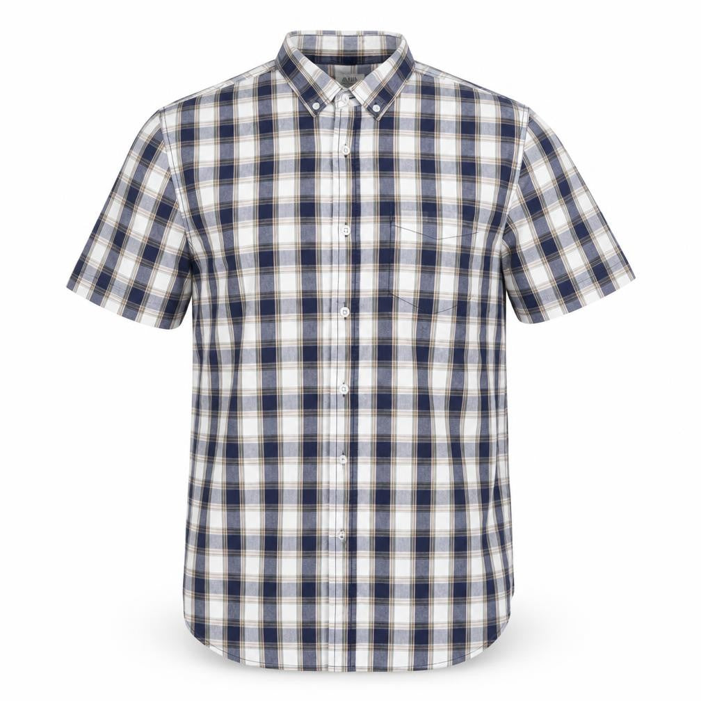 Front view of ACW85 Men's Blue Check Short Sleeve Button-Up Cotton Shirt L
