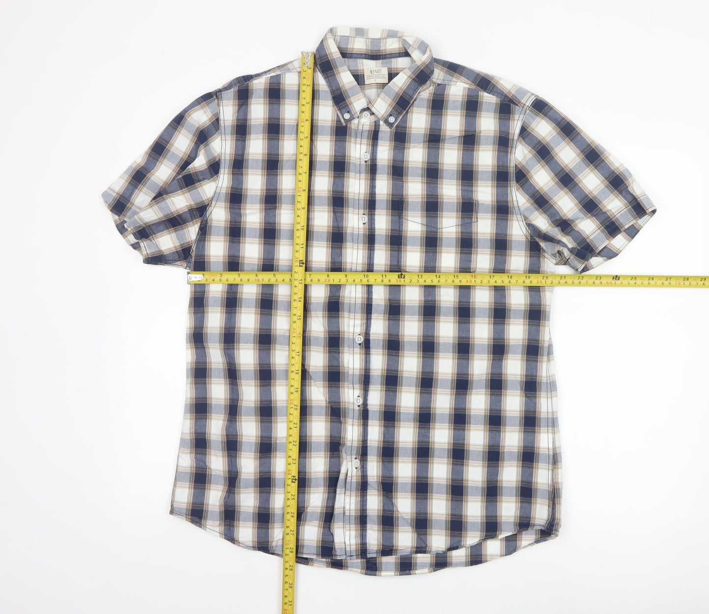 ACW85 Men's Blue Check Short Sleeve Button-Up Cotton Shirt L