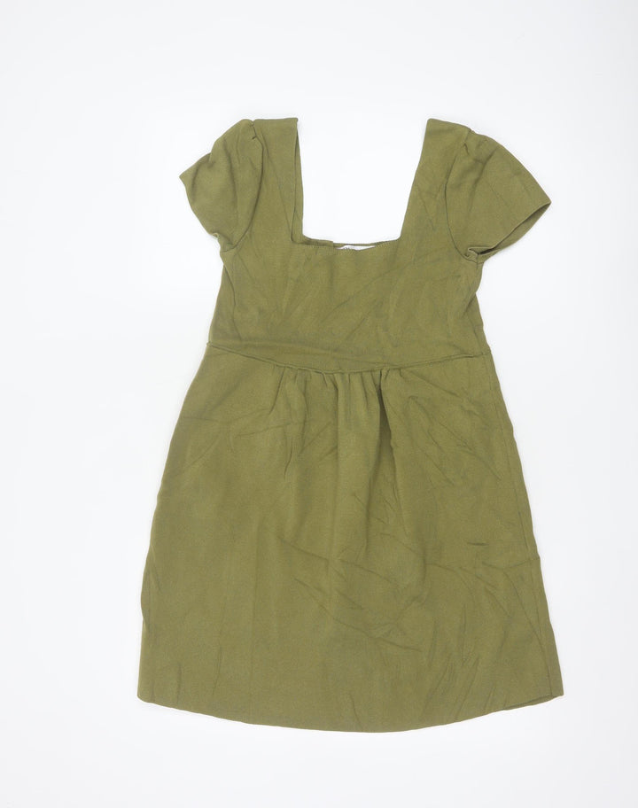 Zara Women Green Cotton A-Line Knee Length Dress Size 12