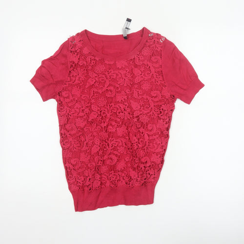 French Connection Women's Red Lace Knit Short Sleeve Top Size S