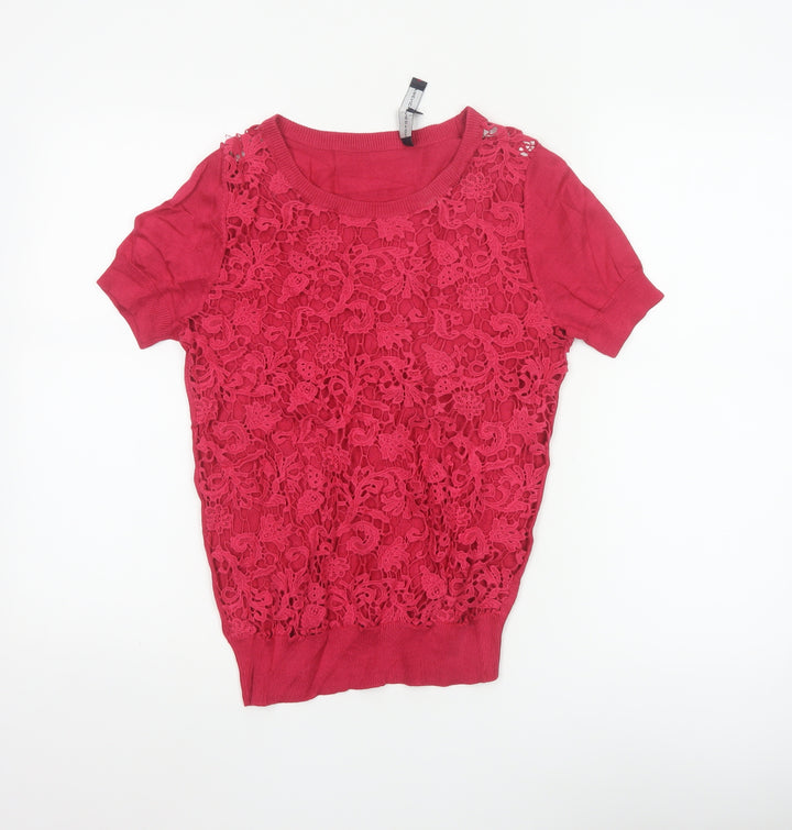 French Connection Women's Red Lace Knit Short Sleeve Top Size S