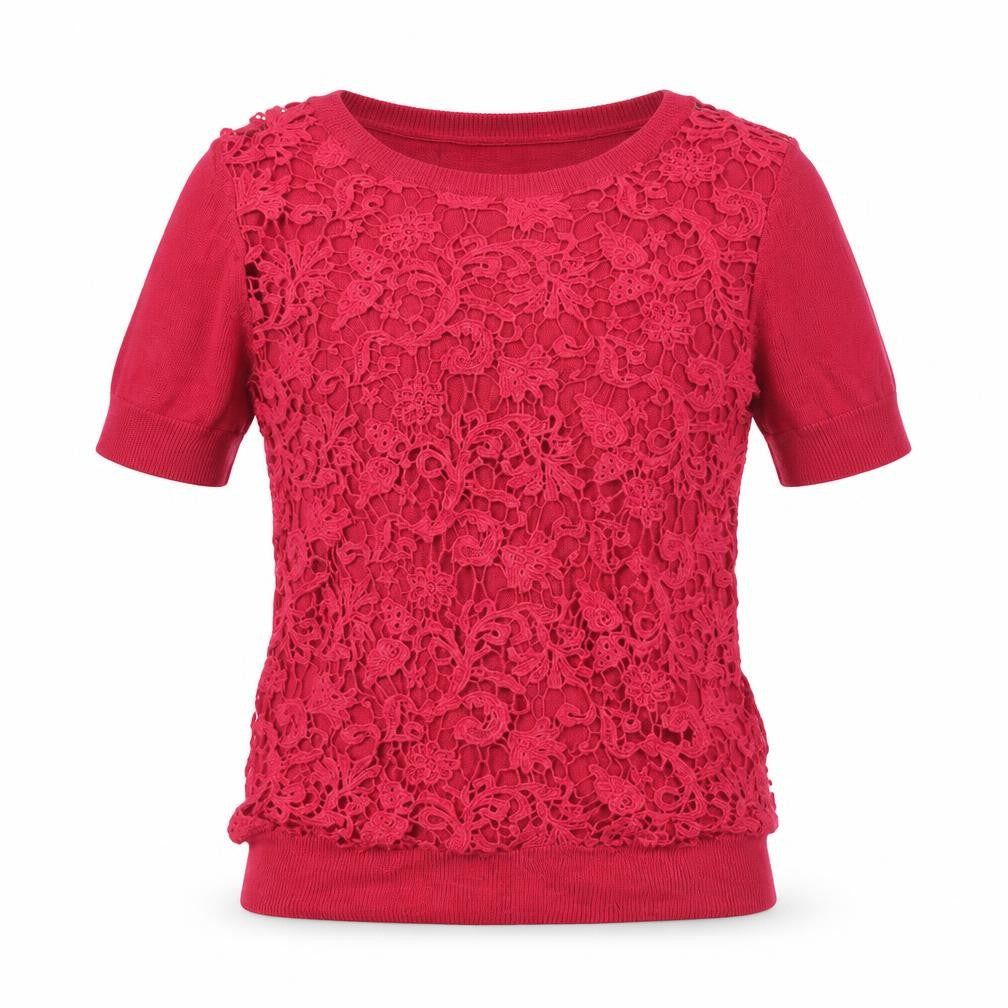 Front view of French Connection Women's Red Lace Knit Short Sleeve Top, size S